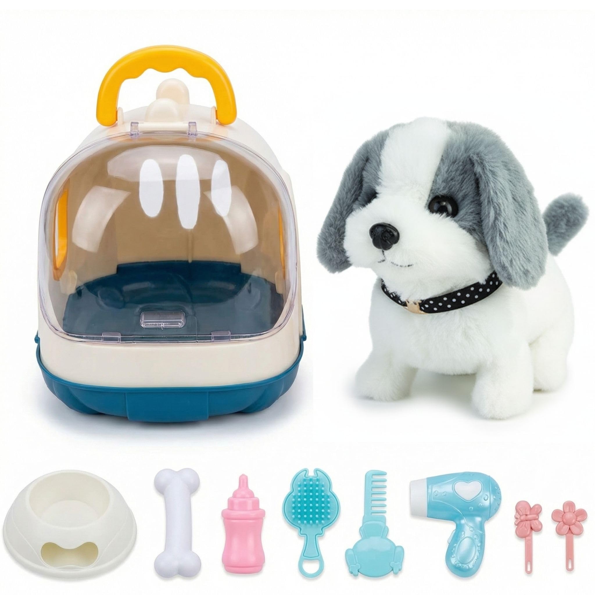 Cachorrinho de Pelúcia Interativo Branco e Cinza - Kit Pet Shop
